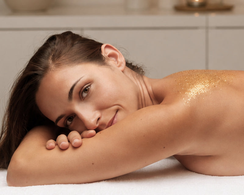 Frau bei einer Wellnessmassage mit dezentem Goldglitzer auf der Schulter